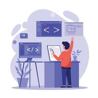 A young man working at a modern desk with multiple screens, surrounded by plants and digital elements in flat art vector