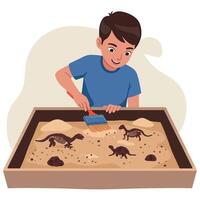 A young boy discovering dinosaur fossils in a sandbox, engaging with joy, in a flat and colorful illustration vector