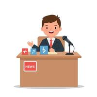 News anchor in a suit presenting information at a desk with colorful icons in a flat, cheerful style illustration vector