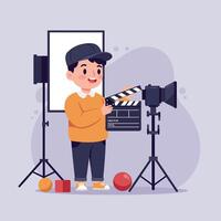 A young boy holding a clapperboard in a creative studio with camera equipment and colorful props in a playful, flat illustration vector