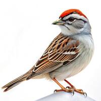 A Chipping Sparrow bird isolated on a white background, showcasing its delicate plumage photo