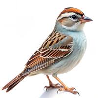 A Chipping Sparrow bird isolated on a white background, showing off its delicate plumage photo