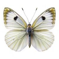 A Cabbage White butterfly captured in closeup isolated on a white background, emphasizing its wings photo