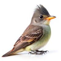 A detailed shot of a Greater Pewee bird isolated on a white background, highlighting its subtle features photo