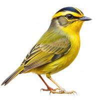 A Golden crowned Warbler bird isolated on a white background, capturing its bright, colorful feathers photo