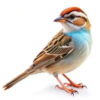 A detailed shot of a Chipping Sparrow bird isolated on a white background, showcasing its vibrant feathers photo
