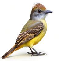 A Great Crested Flycatcher bird isolated on a white background, showcasing its vibrant feathers photo