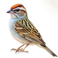 A Chipping Sparrow bird isolated on a white background, capturing its delicate details photo
