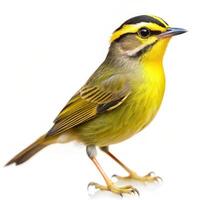 A Golden crowned Warbler bird isolated on a white background, showcasing its vibrant feather pattern photo