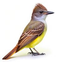 A Great Crested Flycatcher bird isolated on a white background, capturing its distinct appearance photo