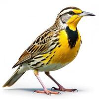 Eastern Meadowlark bird captured in a closeup shot isolated on a white background, showcasing its bright colors photo