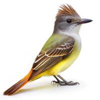 A Great Crested Flycatcher bird isolated on a white background, showcasing its colorful feathers photo