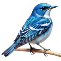 A vibrant Cerulean Warbler bird isolated on a white background, highlighting its intricate feathers photo