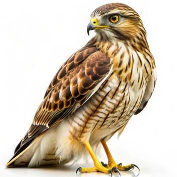 A closeup of a Broad-winged Hawk bird isolated on a white background, emphasizing its majestic wings photo