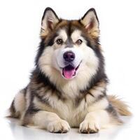 A stunning Alaskan Malamute dog, isolated against a white background, showcasing its strength photo