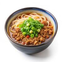 Spicy minced pork noodle soup savory broth fresh green onions in a dark bowl photo
