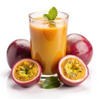Delicious passion fruit juice in a glass with fresh fruit vibrant colors and a photo
