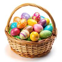 Colorful Easter eggs in a woven basket a springtime tradition bright photo