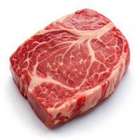 Rich marbled beef steak raw cut close up view with bright lighting on white photo