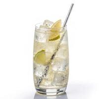 Refreshing iced lime drink with a metal straw bright background photo