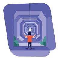 Child standing inside futuristic tunnel with geometric shapes in flat minimal style art vector