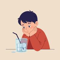 Sad young boy in red sweater staring at glass with ice cubes and straw flat style illustration vector