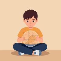 Young boy sitting cross-legged assembling round puzzle pieces in flat minimal style art vector