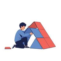 Young boy building a colorful geometric block structure in flat minimal style illustration vector
