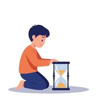 Young boy in orange sweater kneeling and watching hourglass with focus in minimal flat design illustration vector