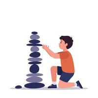 Boy stacking balanced stones in calm outdoor setting with simple flat design style illustration vector