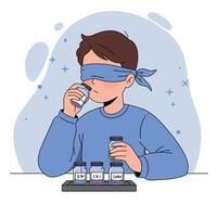 Blindfolded boy smelling different scent bottles with focus in flat style illustration vector