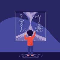 Child exploring futuristic scientific display with molecular and spiral diagrams in flat minimal style illustration vector