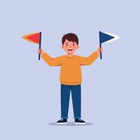 Young boy holding red and blue signal flags standing smiling in casual clothing flat style illustration vector