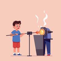 Young boy watching glassblowing process with glowing molten glass in minimal flat design art vector
