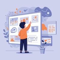 Young man interacting with digital touchscreen data display in flat design illustration vector
