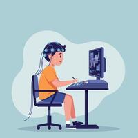 Young boy wearing brainwave sensor cap working on computer with data graphs in flat design illustration vector