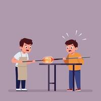 Two young boys focused on glassblowing craft with glowing molten glass in flat style illustration vector