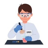 Young forensic scientist in protective gear examining fingerprint with brush and cup in detailed flat illustration vector
