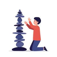 Young boy in red sweater stacking smooth dark stones with focus and balance flat design illustration vector