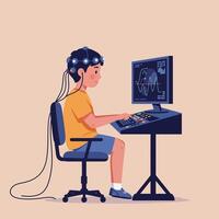 Young boy sitting in modern chair wearing EEG cap while analyzing brainwave data on computer screen flat design illustration vector