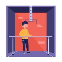 Young boy standing in elevator with worried expression holding handrail flat colorful digital illustration vector