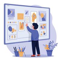 Young boy interacting with colorful abstract art in modern flat design style digital screen illustration vector