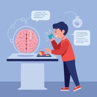 Young boy interacting with brain model and smartphone in educational flat design illustration vector