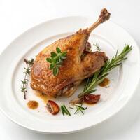 Crispy Roasted Duck Leg Herb Garnish Elegant Plate Warm Lighting photo
