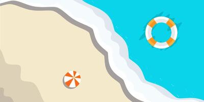 Minimalist beach scene with a ball on the sand and a lifebuoy floating in clear blue water vector
