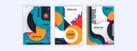 Modern geometric cover designs with bold colors and abstract shapes for annual business reports vector