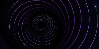 Futuristic abstract design with a purple glowing spiral pattern on a black background, creating a mesmerizing endless tunnel effect. Suitable for technology, sci-fi and digital art themes vector