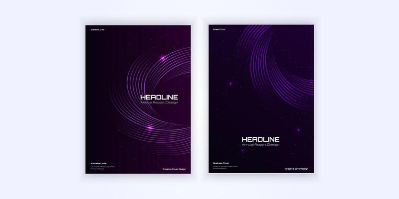 The futuristic report includes glowing curved lines, swirl elements and modern abstract designs