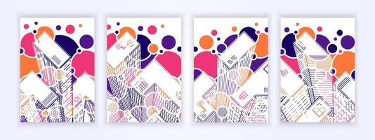 Urban style abstract illustration with a combination of bright colors such as purple, orange and pink. It features geometric buildings from a bird's eye view combined with dynamic circular patterns vector
