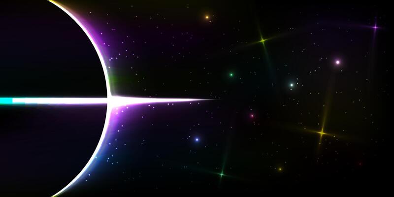 Abstract black hole design featuring glowing celestial bodies, Background decorated with colorful stars